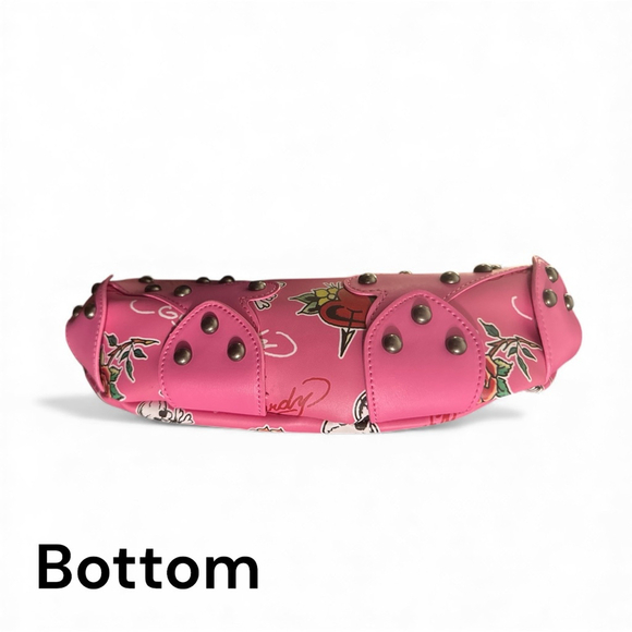 Ed Hardy Candy Pink Skulls Hearts & Roses Small Studded Hobo Shoulder bag charms - Picture 10 of 10